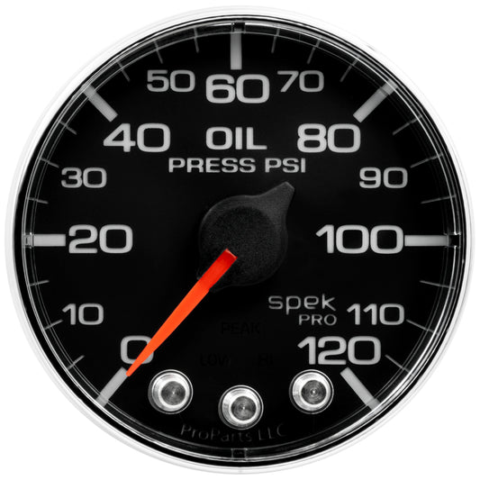 Autometer Spek-Pro Gauge Oil Press 2 1/16in 120psi Stepper Motor W/Peak & Warn Blk/Chrm P325318