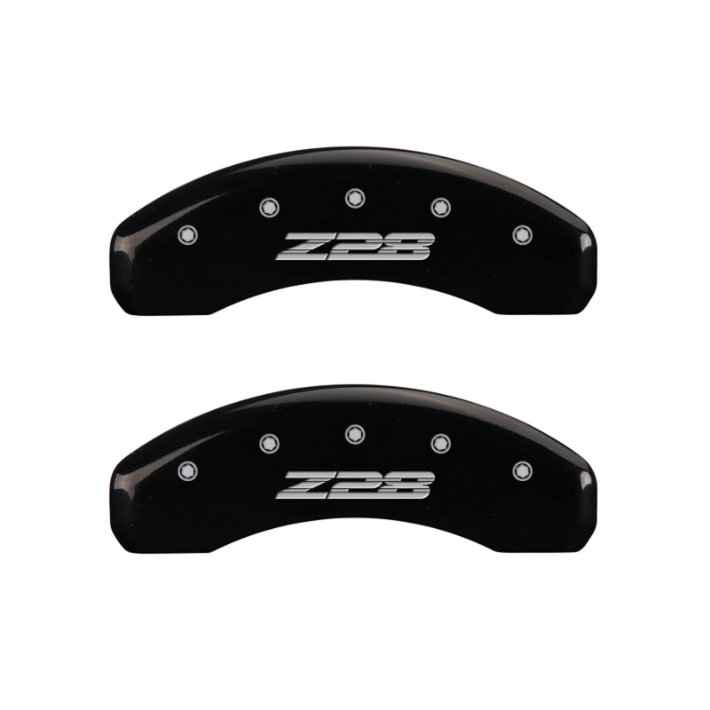 MGP 4 Caliper Covers Engraved Front Gen 5/Camaro Engraved Rear Gen 5/Z28 Black finish silver ch MGP