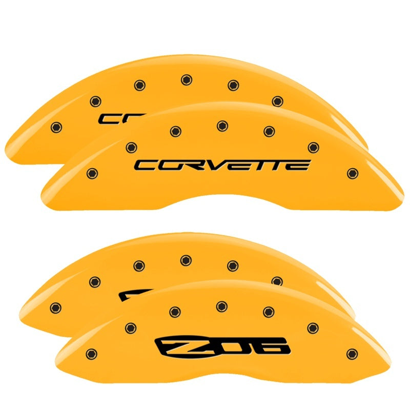 MGP 4 Caliper Covers Engraved Front C6/Corvette Engraved Rear C6/Z06 Yellow finish black ch MGP