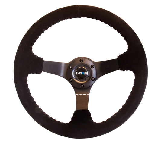 NRG Innovations 350mm Reinforced Solid-Spoke Steering Wheel - Suede - Matte Black Spokes - Black Baseball Stitch – RST-036MB-S