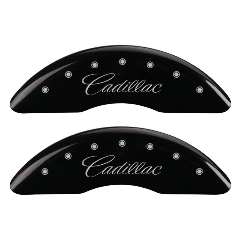 MGP 4 Caliper Covers Engraved F & R Cursive/Cadillac Black Finish Silver Char 2016 Cadillac CT6 MGP