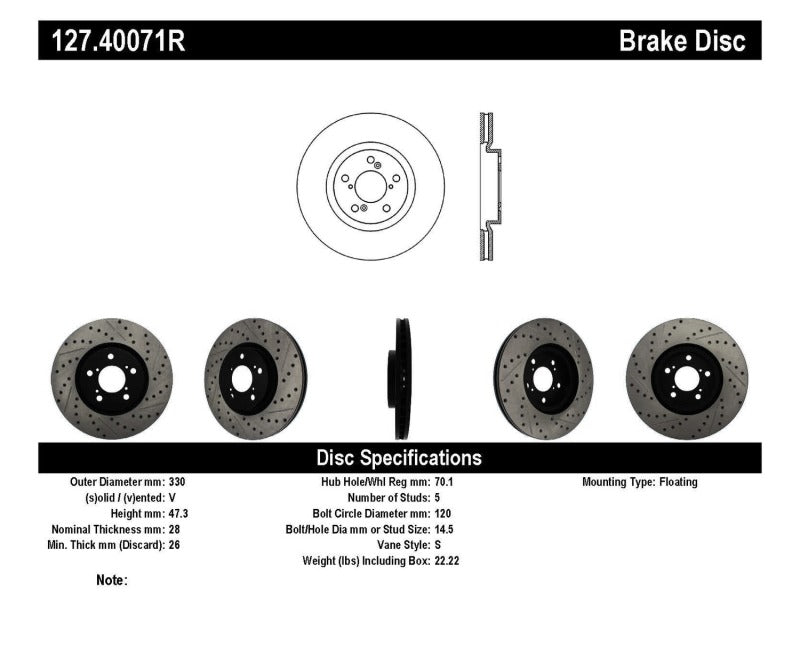 StopTech 07-08 Acura MDX SportStop Slotted & Drilled Right Front Rotor - eliteracefab.com