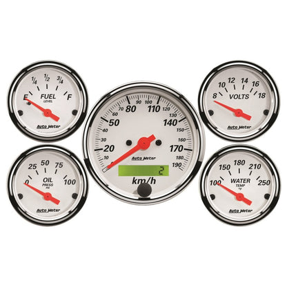 Autometer Arctic White 5 Pc Kit Box w/ Elec KMH Speedo, Elec Oil Press, Water Temp, Volt, Fuel Level 1302-M