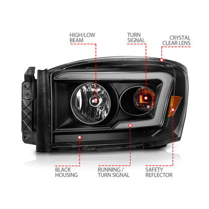 Anzo 06-09 Dodge RAM 1500/2500/3500 Headlights Black Housing/Clear Lens (w/Switchback Light Bars) ANZO