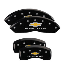 Load image into Gallery viewer, MGP 4 Caliper Covers Engraved Front &amp; Rear Chevy racing Black finish silver ch MGP