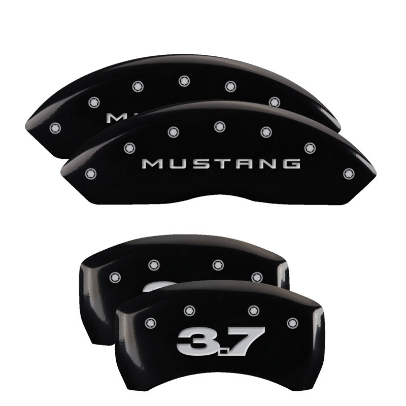 MGP 4 Caliper Covers Engraved Front Mustang Engraved Rear 37 Black finish silver ch MGP