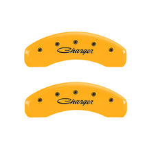 Load image into Gallery viewer, MGP 4 Caliper Covers Engraved Front &amp; Rear Cursive/Charger Yellow finish black ch MGP