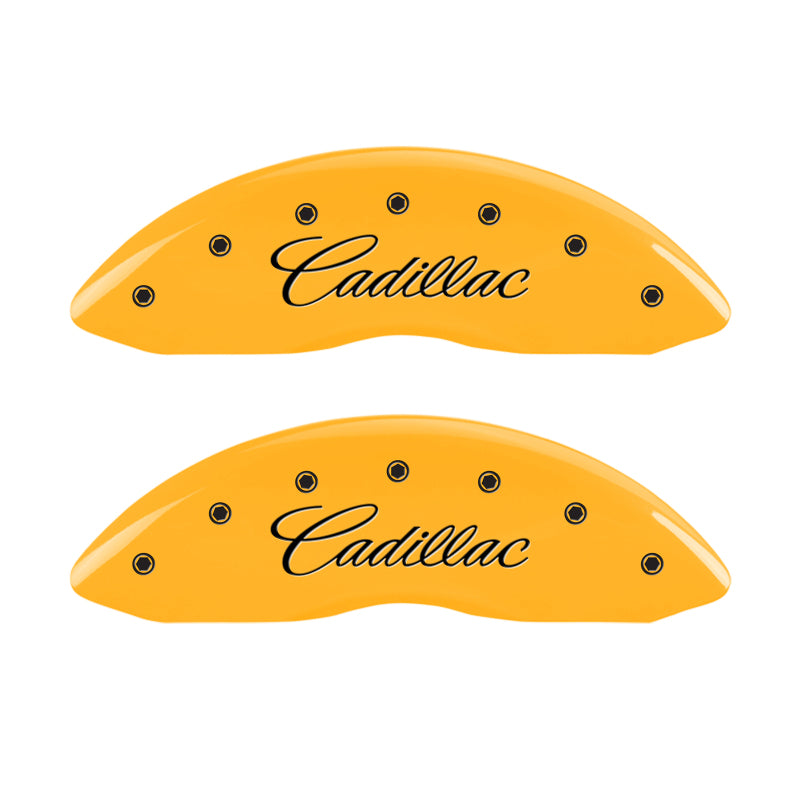 MGP 4 Caliper Covers Engraved Front Cursive/Cadillac Engraved Rear CTS Yellow finish black ch MGP