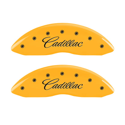 MGP 4 Caliper Covers Engraved Front Cursive/Cadillac Engraved Rear CTS Yellow finish black ch MGP