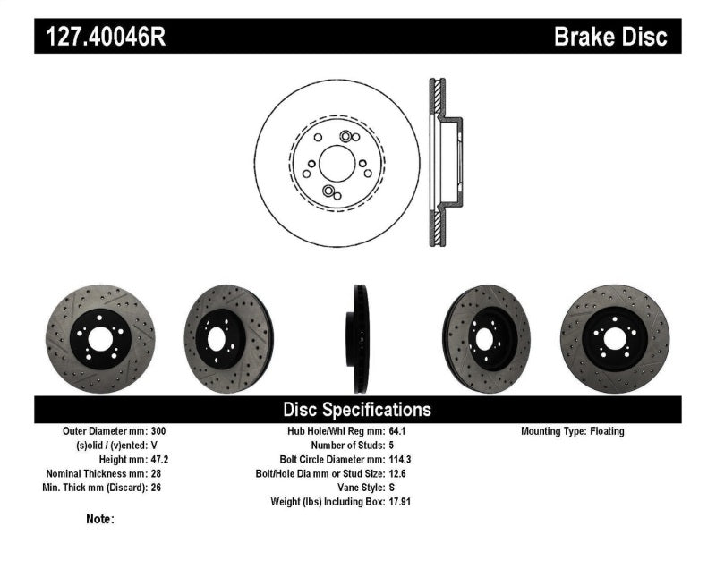 STOPTECH NISSAN 370Z / 01-03 ACURA CL / 06 EL / 04-09 TSX / 03-07 HONDA ACCORD COUPE M/T / 05-08 SE, 127.40046R - eliteracefab.com