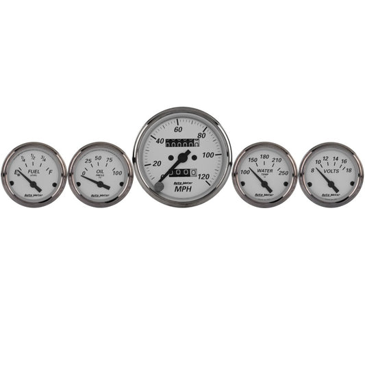 Autometer Silver 5 Pc Kit Box w/ Mech. Speedo / Elec Oil Press / Water Temp / Volt / Fuel Level 1901