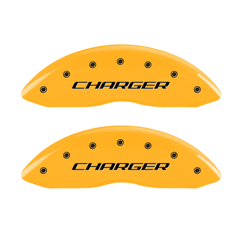 MGP 4 Caliper Covers Engraved Front Charger Engraved Rear RT Yellow finish black ch MGP