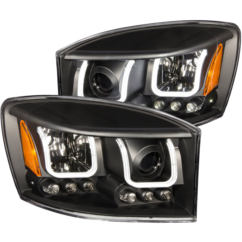 ANZO USA Dodge Ram 1500 / 2500 / 3500 Projector Headlights W/ U-Bar Black; 2006-2008 - eliteracefab.com