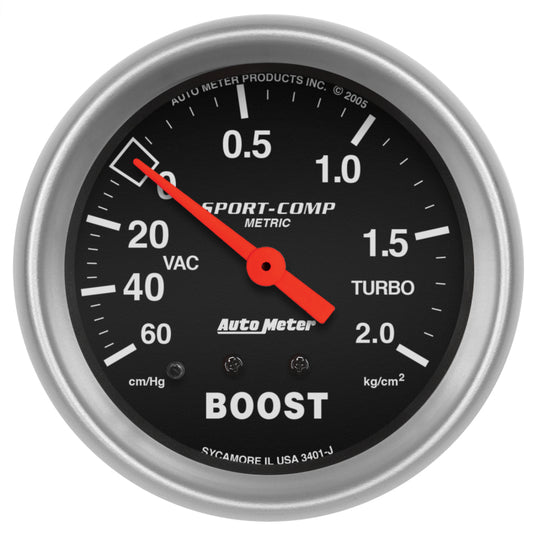 Autometer Sport-Comp 66.7mm METRIC 60 cm/Hg-2.0 Kg/Cm2 Mechanical Vacuum/Boost Gauge 3401-J