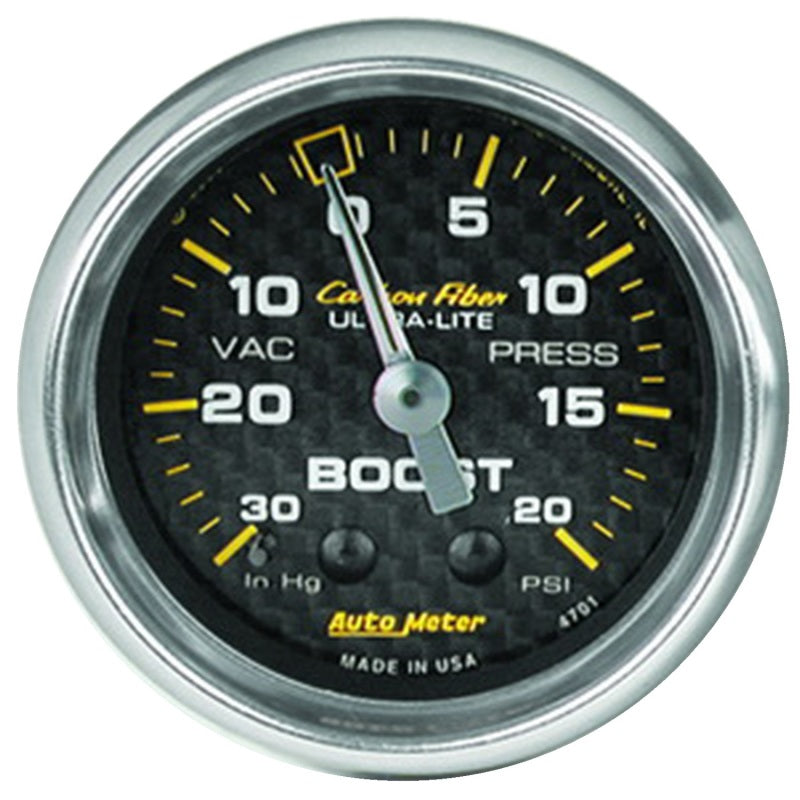 Autometer Carbon Fiber 52mm 20 PSI Mechanical Boost Gauge.