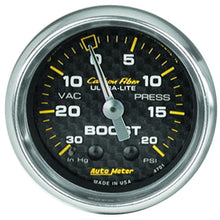 Load image into Gallery viewer, Autometer Carbon Fiber 52mm 20 PSI Mechanical Boost Gauge.