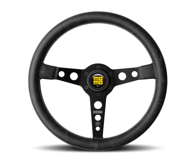 Momo Prototip Heritage Steering Wheel 350 mm - Black Leather/White Stitch/Black Spokes - eliteracefab.com