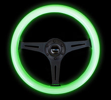 Load image into Gallery viewer, NRG Glow in the Dark Grip 3 Black Spokes 350mm Classic Wood Grain Wheel Universal - eliteracefab.com