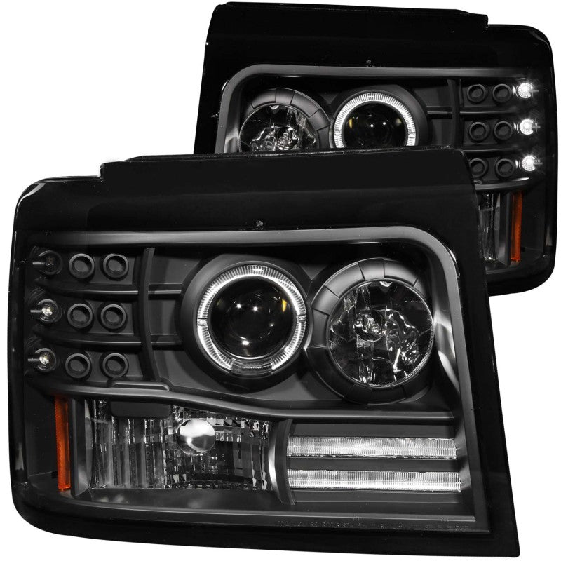 ANZO USA Ford F-150 / F-250 F-350 Projector Headlights W/ Halo Black W/ Side Markers & Parking Lights; 1992-1998 - eliteracefab.com