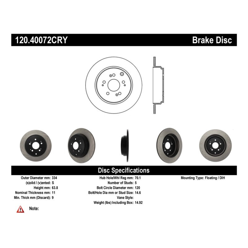 Stoptech 09-15 Honda Pilot / 11-17 Honda Odyssey Rear Premium Cryostop Brake Rotor Stoptech