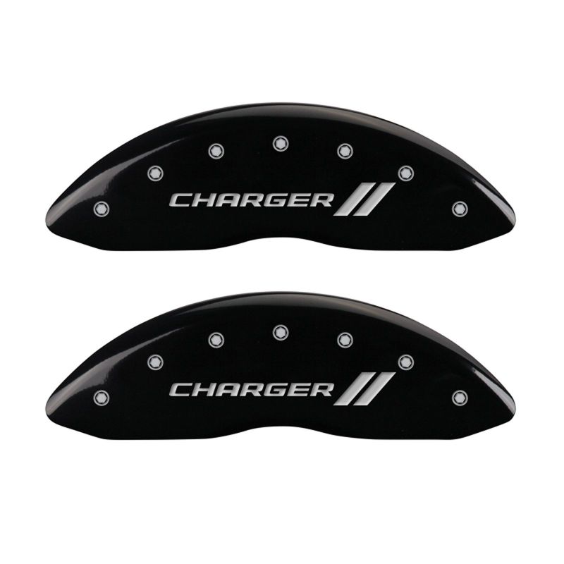 MGP 4 Caliper Covers Engraved Front & Rear With stripes/Charger Black finish silver ch MGP