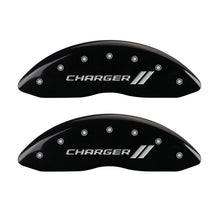 Load image into Gallery viewer, MGP 4 Caliper Covers Engraved Front &amp; Rear With stripes/Charger Black finish silver ch MGP