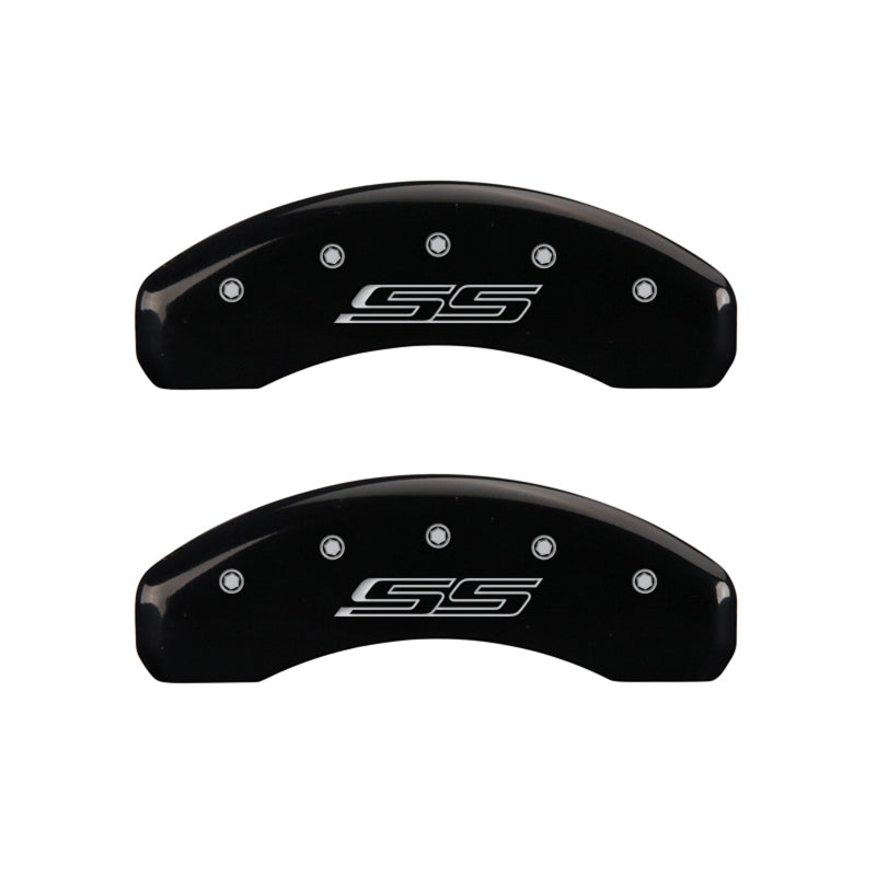 MGP 4 Caliper Covers Engraved Front Gen 5/Camaro Engraved Rear Gen 5/SS Black finish silver ch MGP