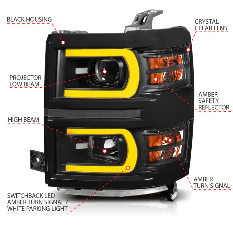 ANZO 14-15 Chevrolet Silverado 1500 Projector Headlights w/ Plank Style Switchback Black w/ Amber - eliteracefab.com