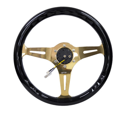 NRG Classic Wood Grain Steering Wheel 350mm Chrome Gold 3-Spokes Black Grip - eliteracefab.com