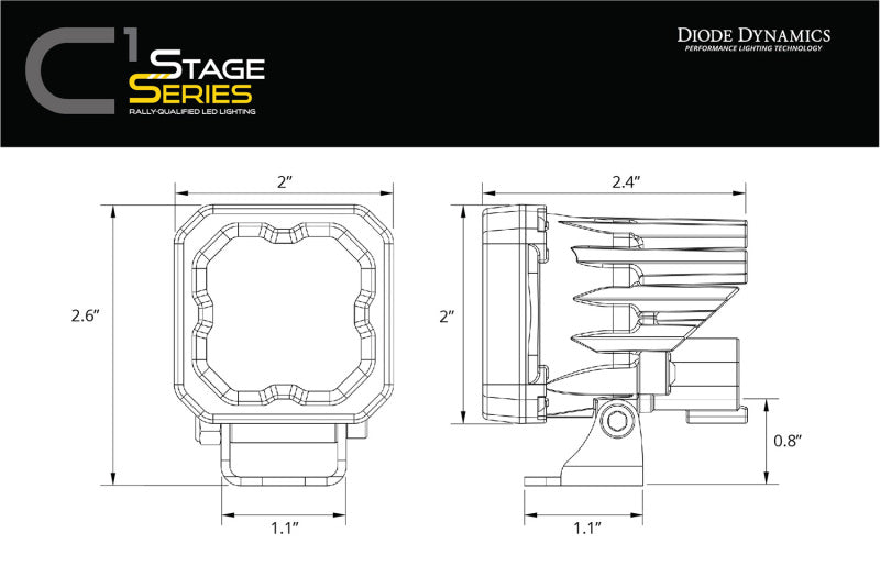 Diode Dynamics Stage Series C1 LED Pod - White SAE Fog Standard WBL (Pair)