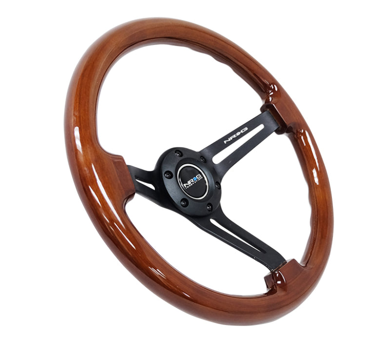 NRG Reinforced Classic Wood Grain Wheel 350mm 3-Spoke Slotted Center Black Brown Painted Wood - eliteracefab.com
