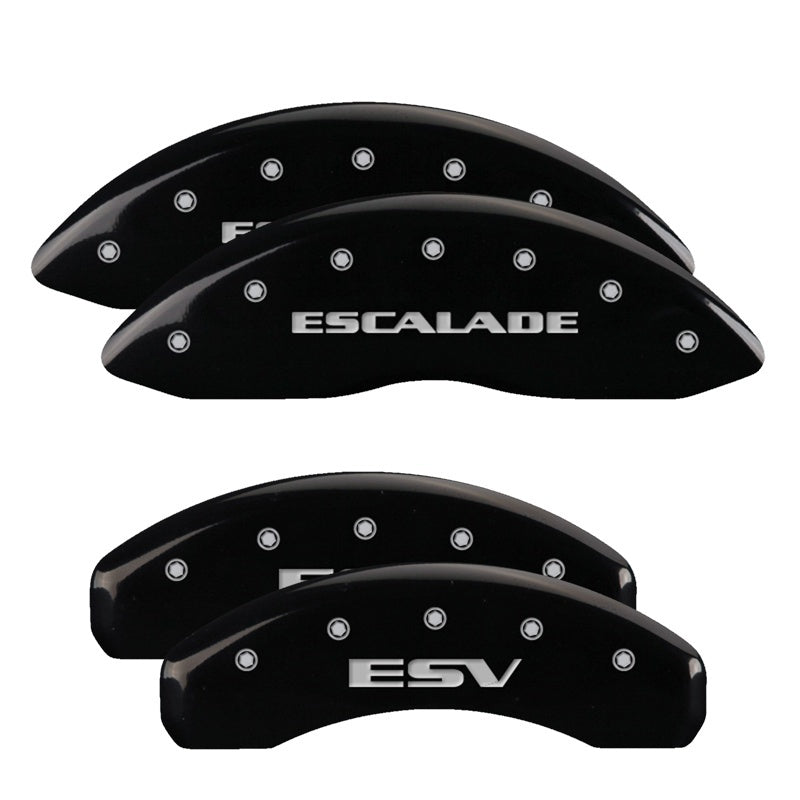 MGP 4 Caliper Covers Engraved Front Escalade Engraved Rear ESV Black finish silver ch MGP