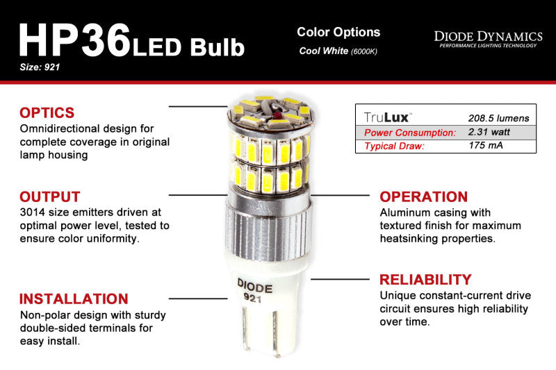 Diode Dynamics 921 LED Bulb HP36 LED - Cool - White Set of 4 Diode Dynamics