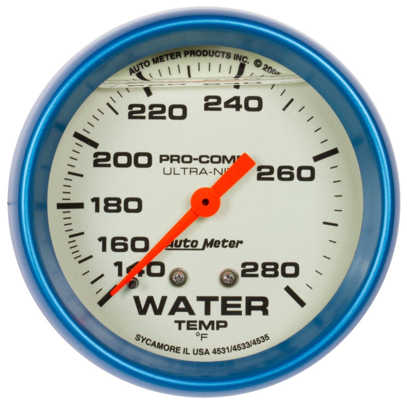 AutoMeter Gauge Wtemp 2-5/8in. 140-280 Deg. F Liq Filld Mech 4ft. Glow In Dark Ultra-Nite 4235