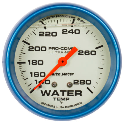 AutoMeter Gauge Wtemp 2-5/8in. 140-280 Deg. F Liq Filld Mech 4ft. Glow In Dark Ultra-Nite 4235