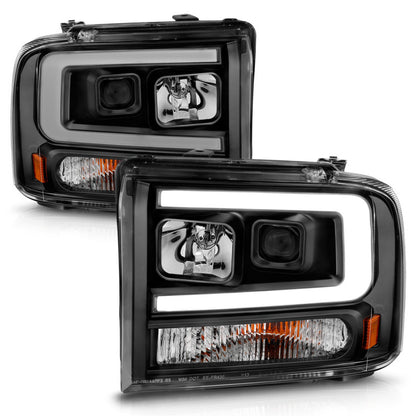 ANZO 99-04 Ford F250/F350/F450/Excursion (excl 99) Projector Headlights - w/ Light Bar Black Housing ANZO