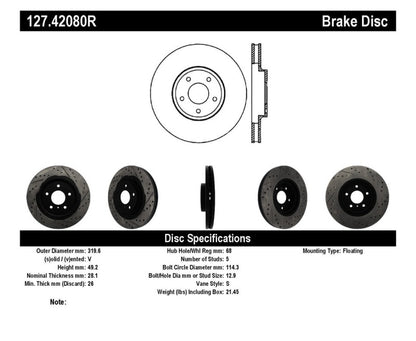 STOPTECH 06-07 350Z / 05-07 G35 EXP SPORT/ 06-07 G35X SPORTSTOP SLOTTED & DRILLED FRONT RIGHT ROTOR, 127.42080R - eliteracefab.com