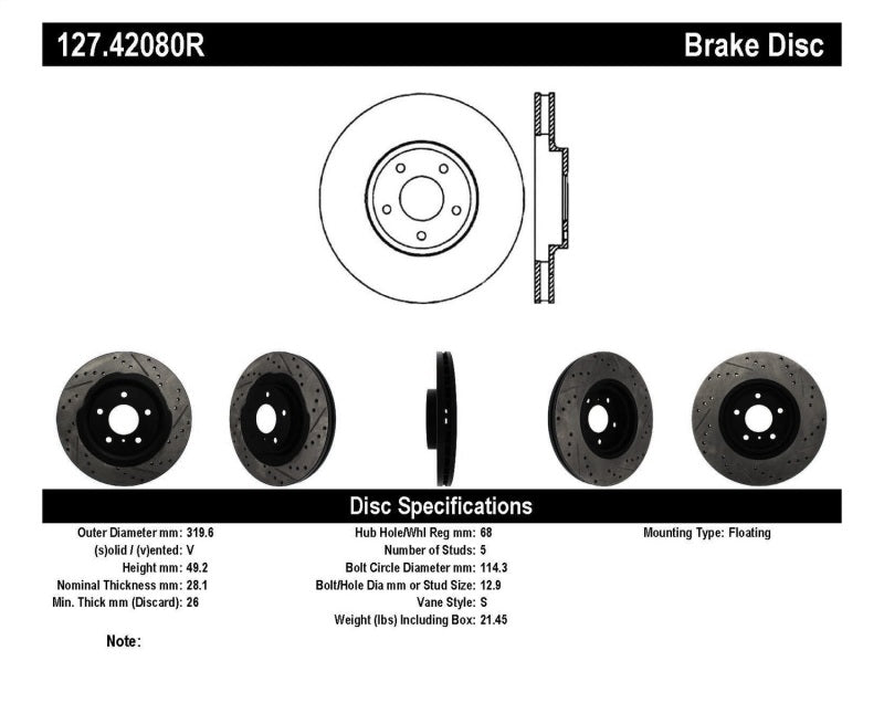 STOPTECH 06-07 350Z / 05-07 G35 EXP SPORT/ 06-07 G35X SPORTSTOP SLOTTED & DRILLED FRONT RIGHT ROTOR, 127.42080R - eliteracefab.com