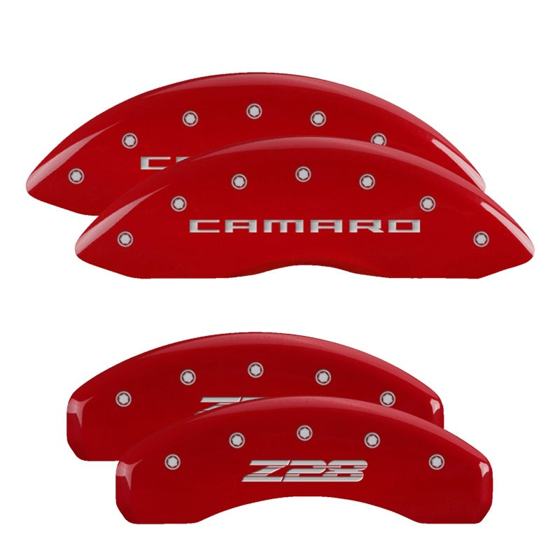 MGP 4 Caliper Covers Engraved Front Gen 5/Camaro Engraved Rear Gen 5/Z28 Red finish silver ch MGP