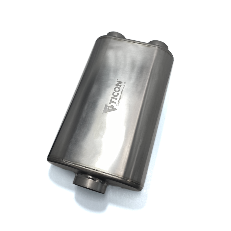 Ticon Industries 17in OAL 3in Thin Oval Matte Finish Titanium Muffler - 3in Center In/2.5in Dual Out Ticon