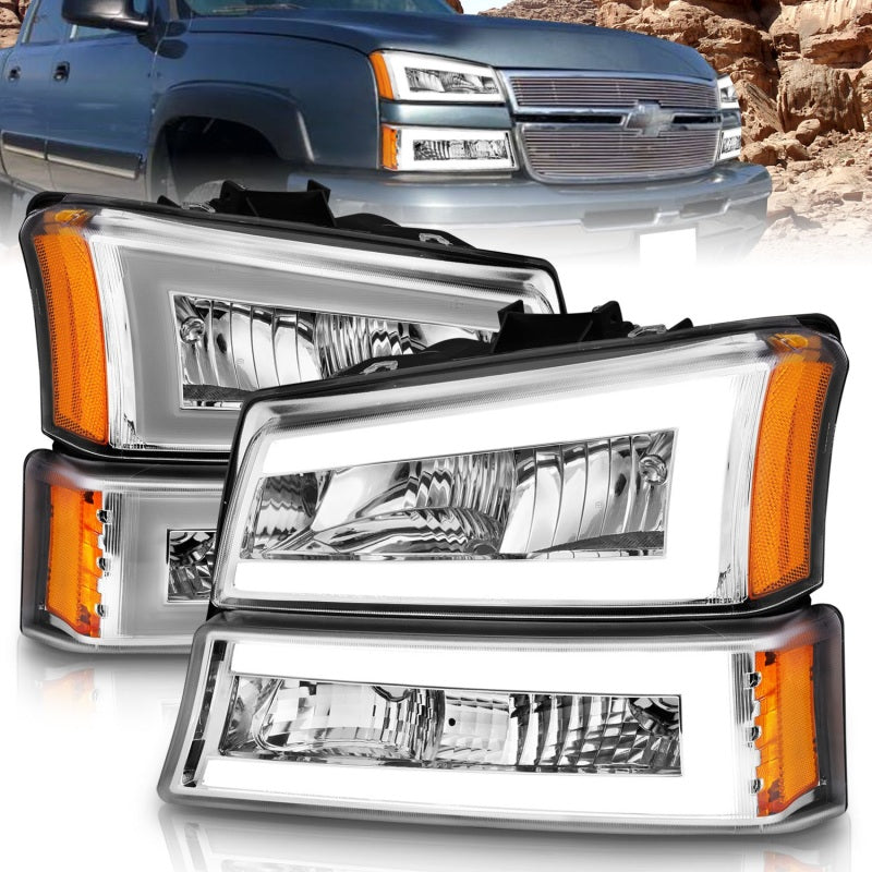 ANZO 2003-2006 Chevrolet Silverado 1500 Crystal Headlights w/ Light Bar Chrome Housing - eliteracefab.com