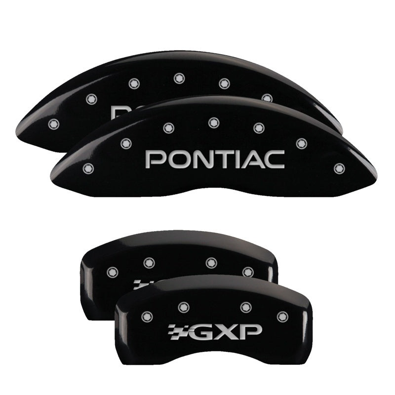 MGP 4 Caliper Covers Engraved Front Pontiac Engraved Rear GXP Black finish silver ch MGP