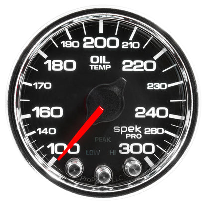 Autometer Spek-Pro Gauge Oil Temp 2 1/16in 300f Stepper Motor W/Peak & Warn Blk/Chrm P32231