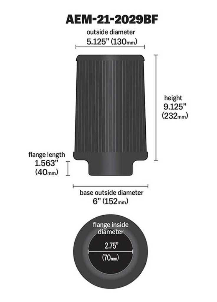 AEM Dryflow Conical Air Filter 2.75in Flange ID / 6in Base OD / 5.125in Top OD / 9.125in Height - eliteracefab.com