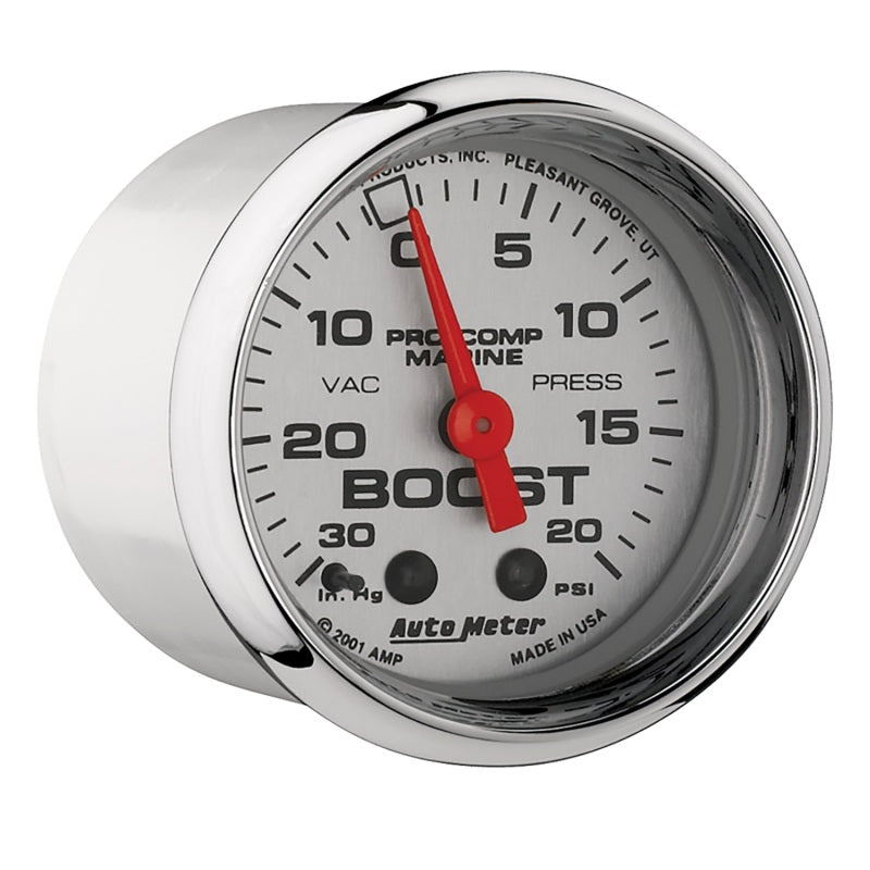 Autometer Marine Chrome Ultra-Lite 2-1/16in 0-30 HG / 0-20 PSI Vacuum / Boost Gauge 200774-35
