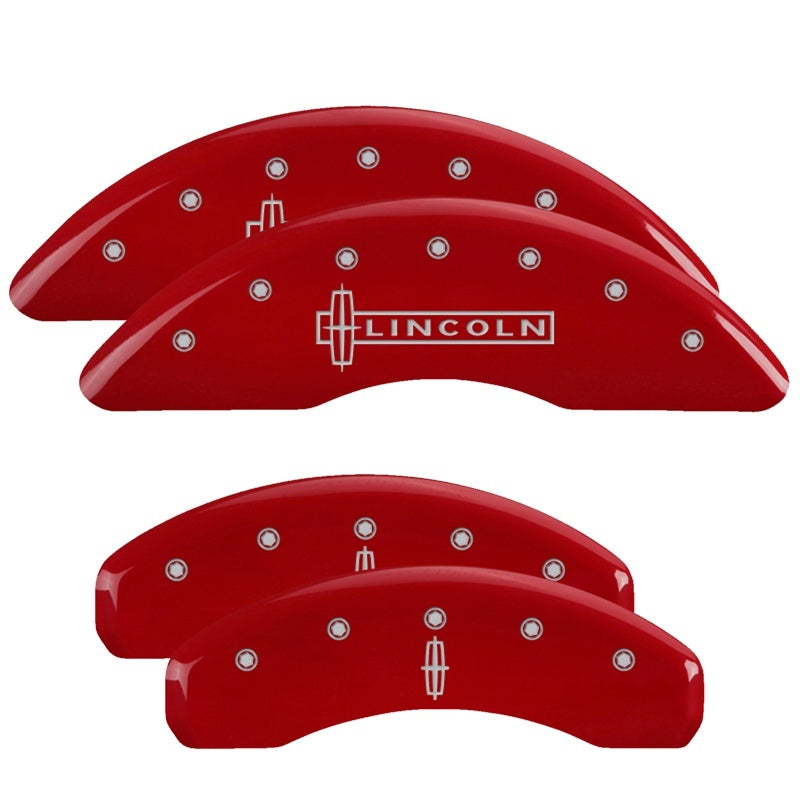 MGP 4 Caliper Covers Engraved Front Cursive/Cadillac Engraved Rear CTS Red finish silver ch MGP