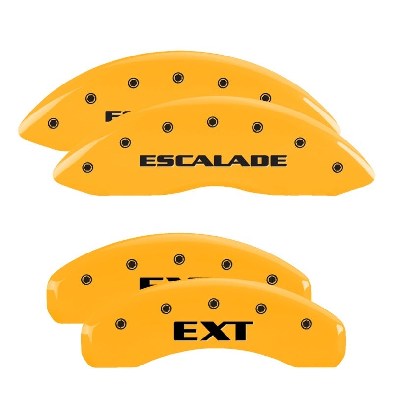 MGP 4 Caliper Covers Engraved Front Escalade Engraved Rear EXT Yellow finish black ch MGP
