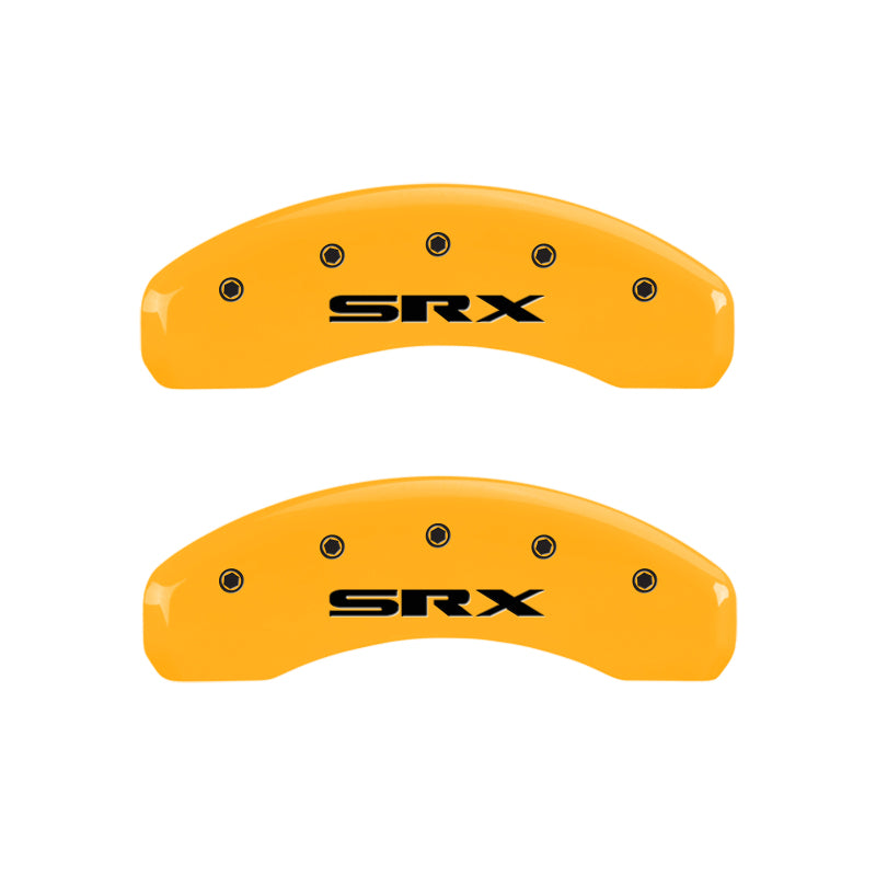 MGP 4 Caliper Covers Engraved Front Cursive/Cadillac Engraved Rear SRX Yellow finish black ch MGP