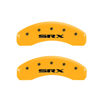MGP 4 Caliper Covers Engraved Front Cursive/Cadillac Engraved Rear SRX Yellow finish black ch MGP