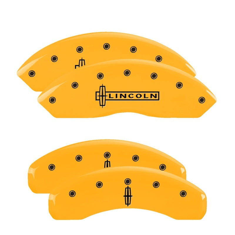 MGP 4 Caliper Covers Engraved Front Cursive/Cadillac Engraved Rear CTS Yellow finish black ch MGP